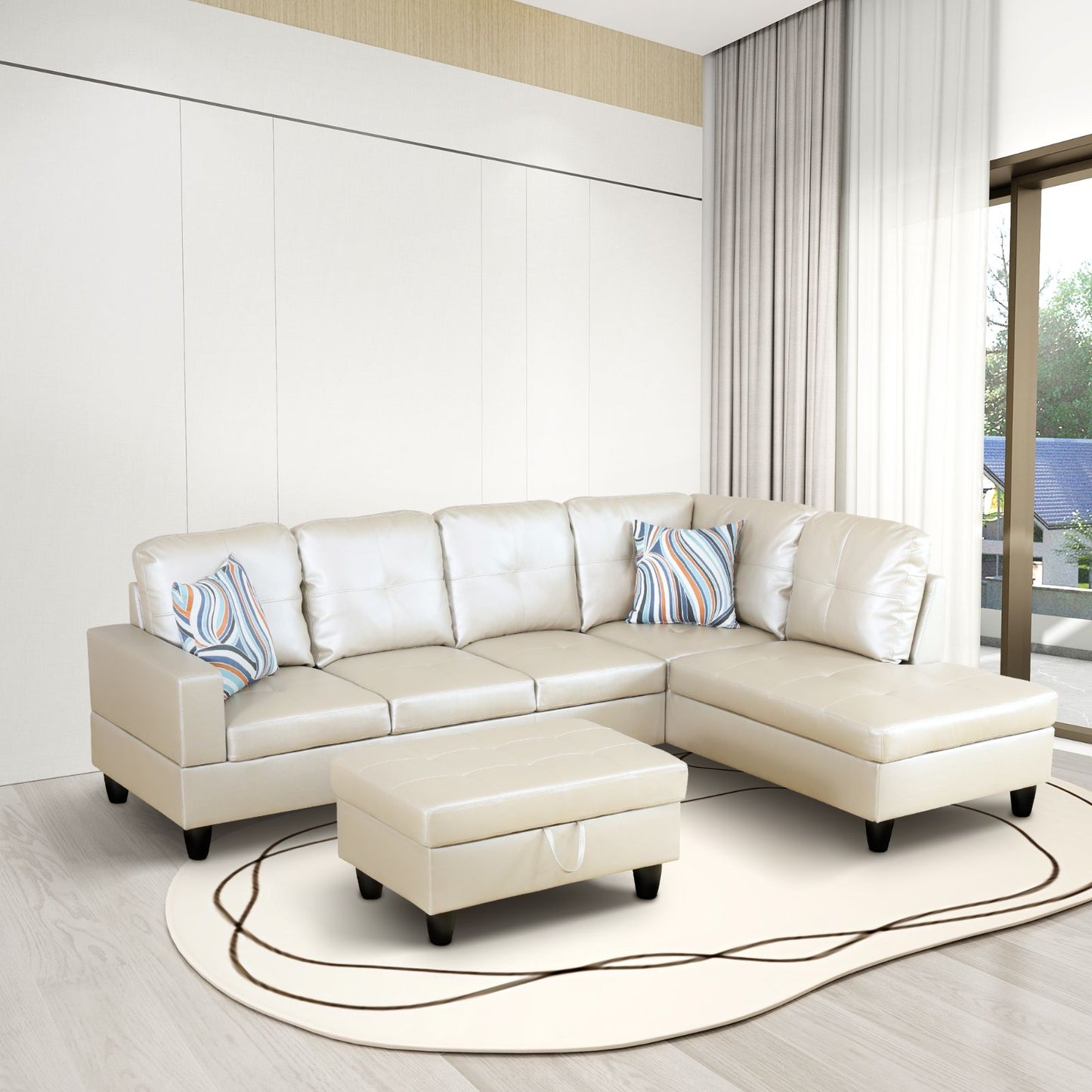 Golden Coast Light Grey Synthetic Leather L-Shaped Living Room Sectional Sofa Set