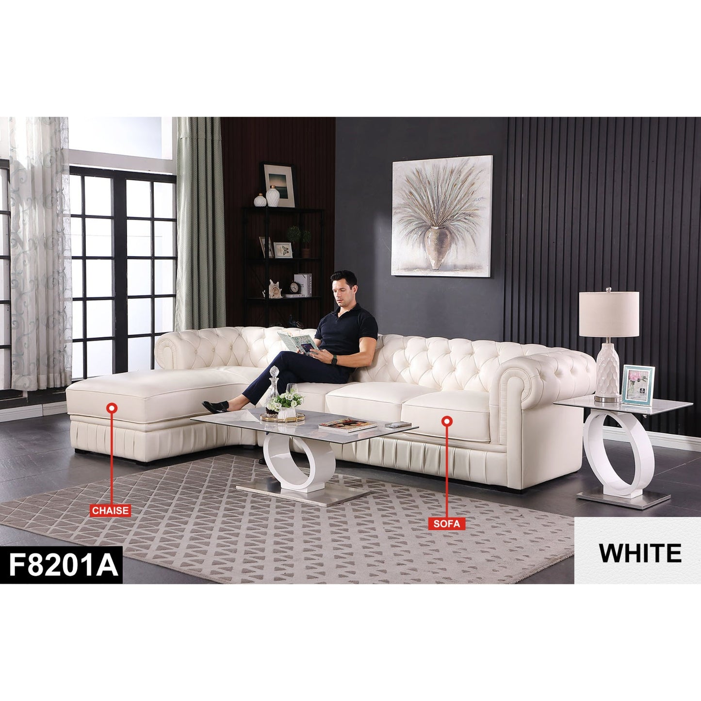 Golden Coast White Cow Top Leather 2-Piece Living Room Sofa Set