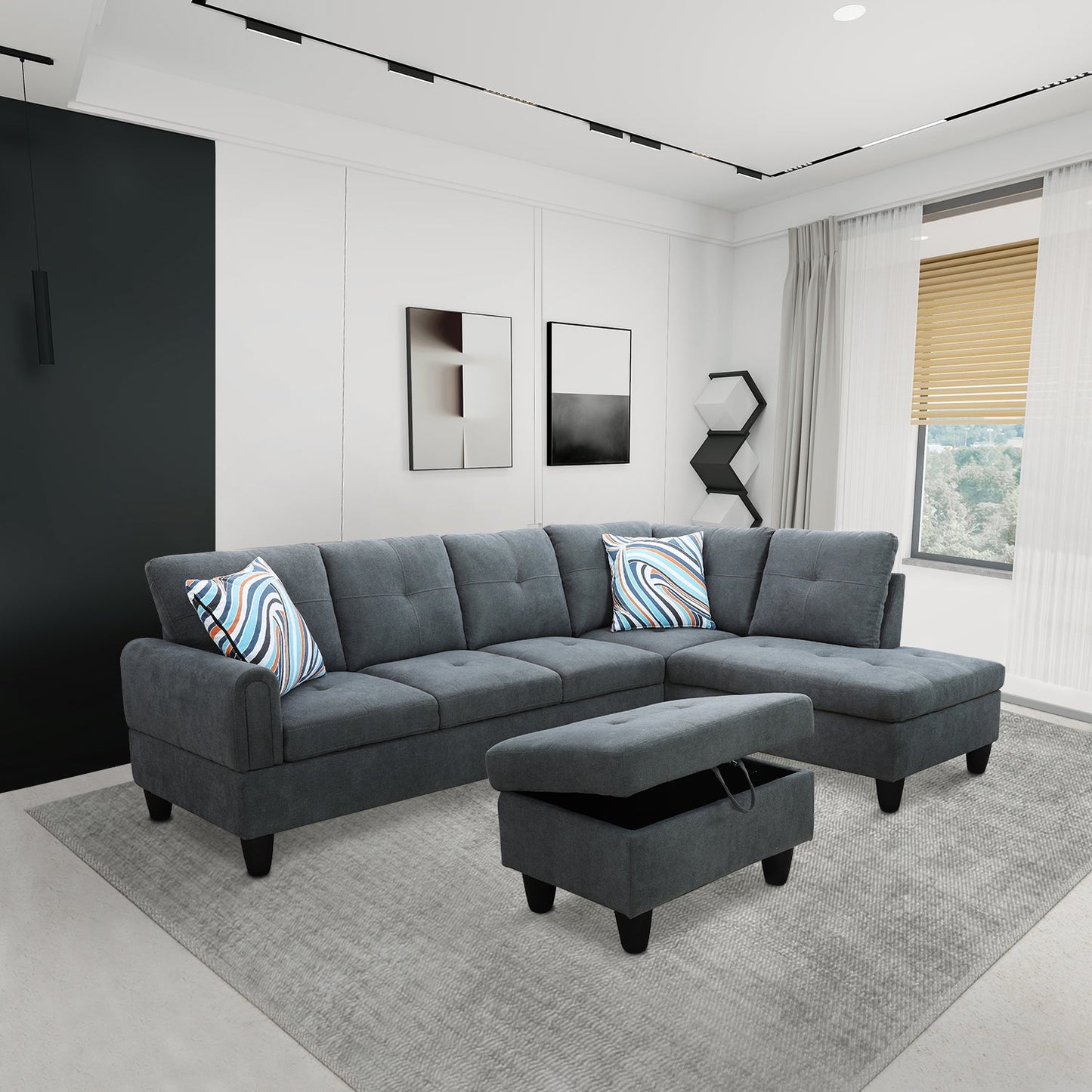 Golden Coast Dark Grey Flannel L-Shaped Living Room Sectional Sofa Set