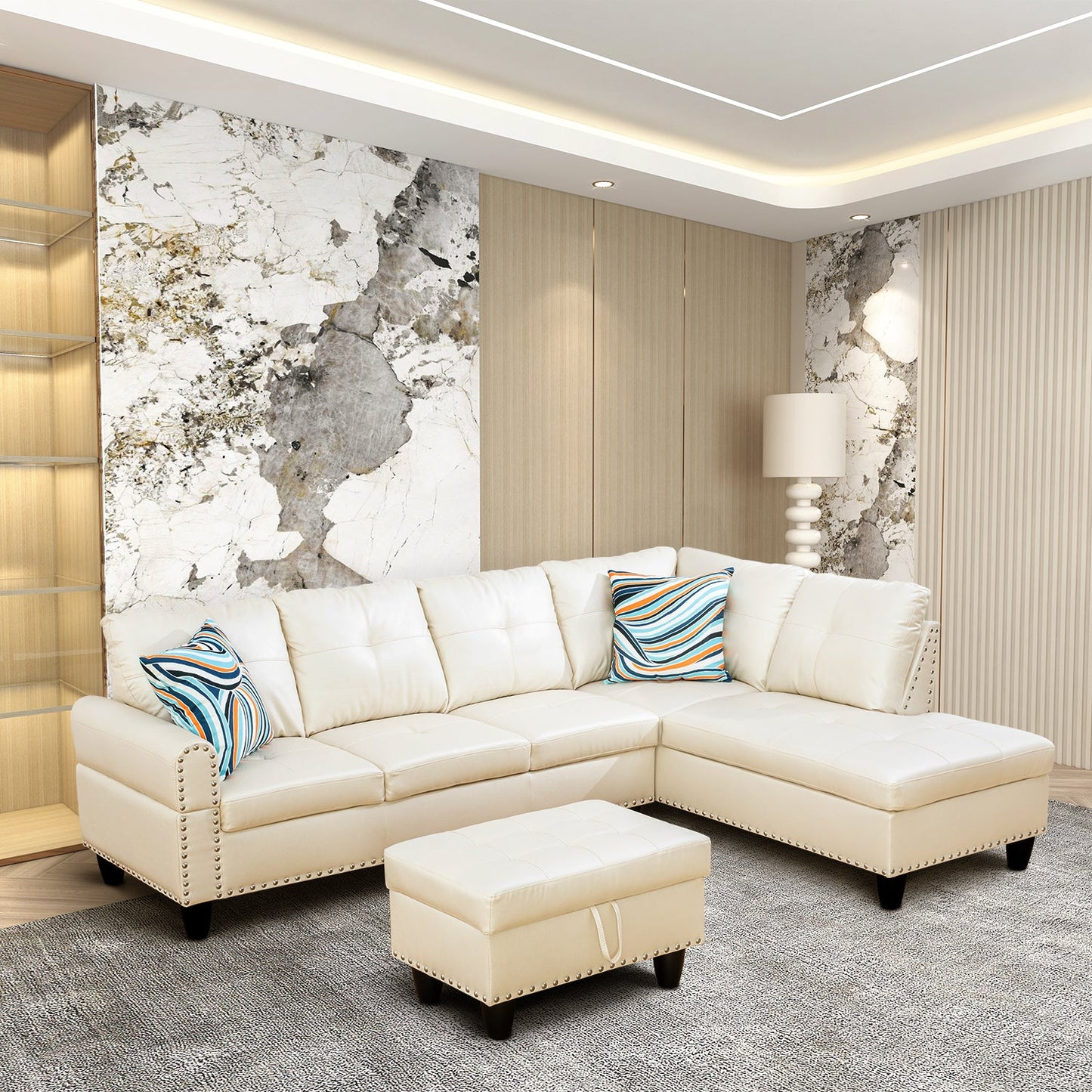 Golden Coast White Faux Leather L-Shaped Living Room Sectional Sofa Set