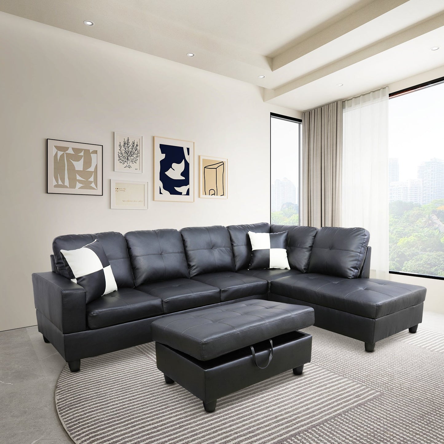 Golden Coast Black Faux Leather L-Shaped Living Room Sectional Sofa Set