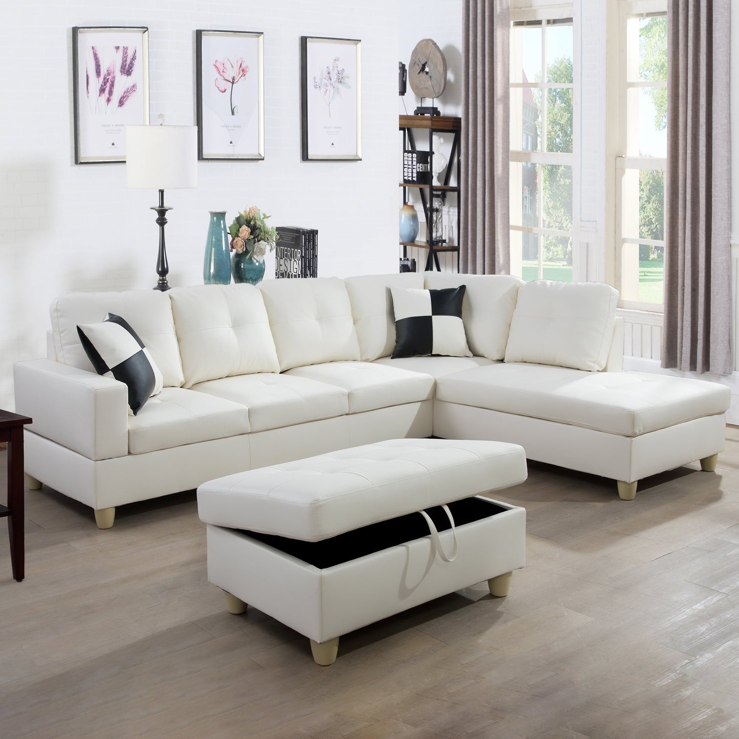 Golden Coast White Faux Leather L-Shaped Living Room Sectional Sofa Set