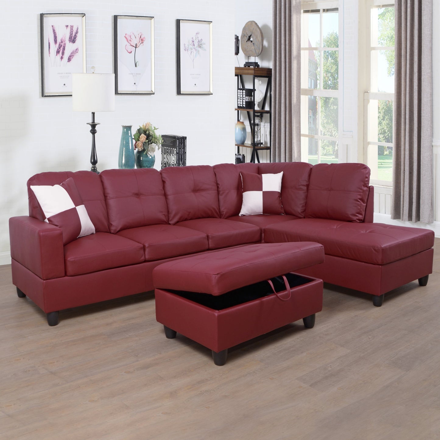 Golden Coast Red Faux Leather L-Shaped Living Room Sectional Sofa Set