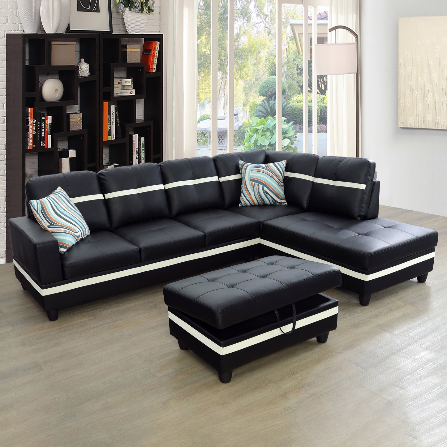 Golden Coast Black And White Synthetic Leather L-Shaped Living Room Sectional Sofa Set
