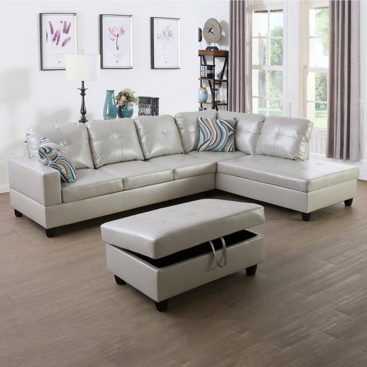 Golden Coast Grey Semi PU Synthetic Leather L-Shaped Living Room Sectional Sofa Set