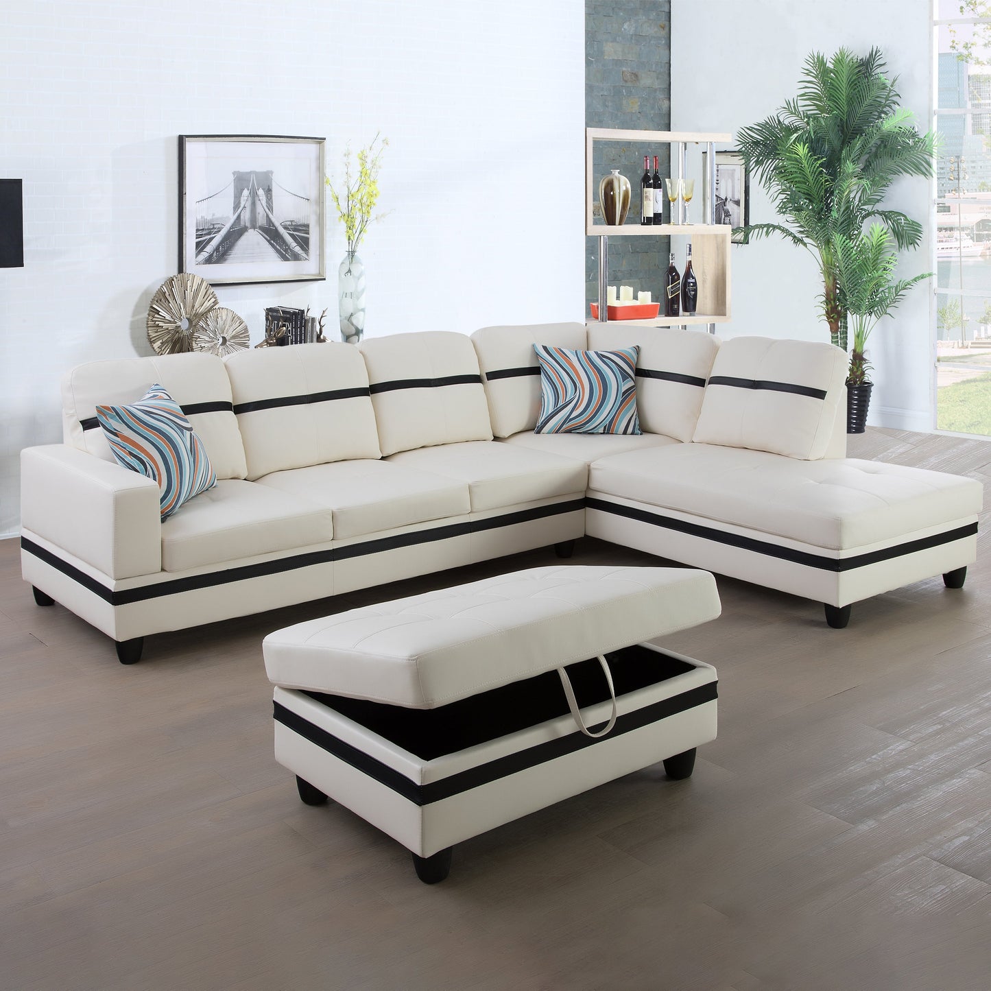 Golden Coast White And Black Synthetic Leather L-Shaped Living Room Sectional Sofa Set
