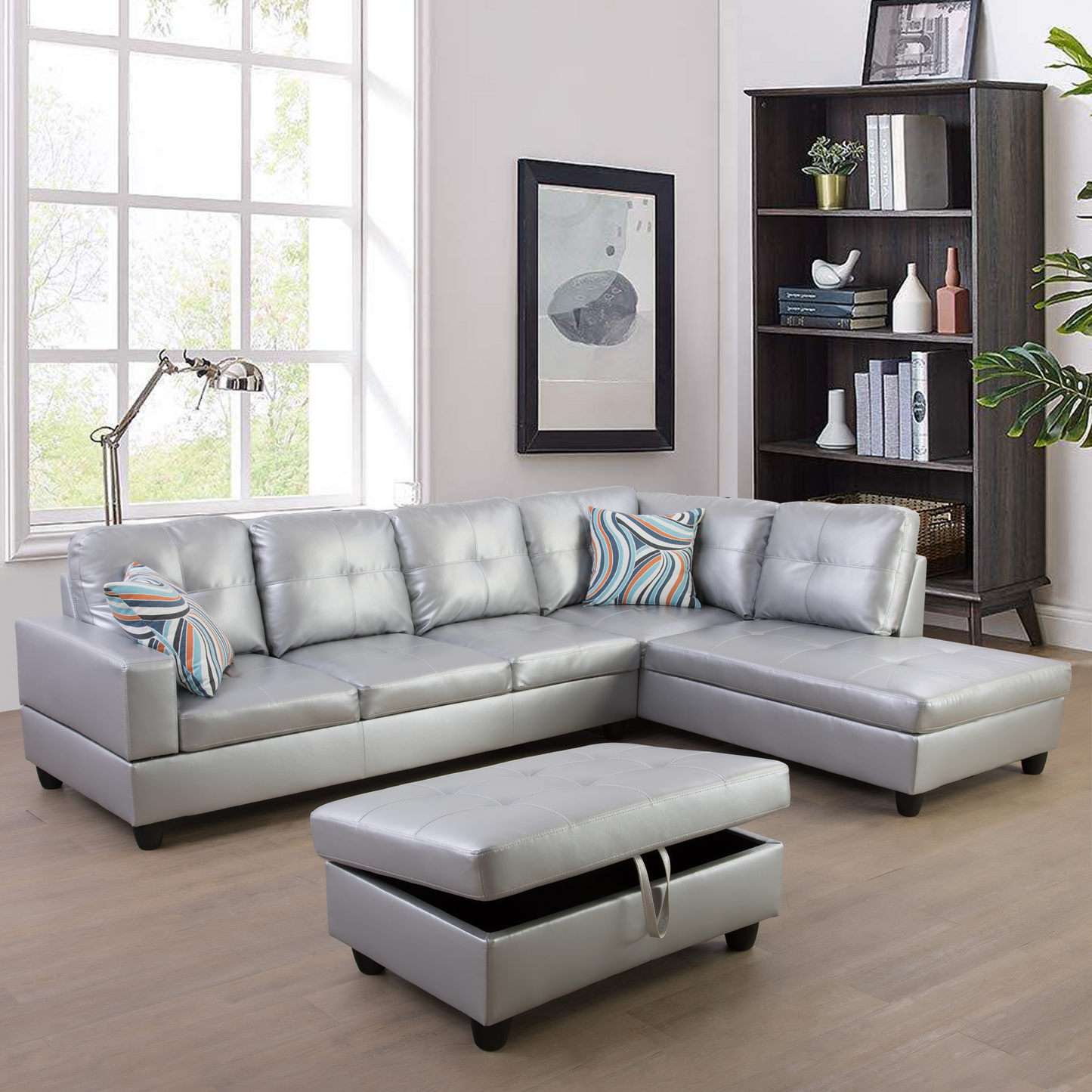 Golden Coast Silver White Semi PU Synthetic Leather L-Shaped Living Room Sofa Set