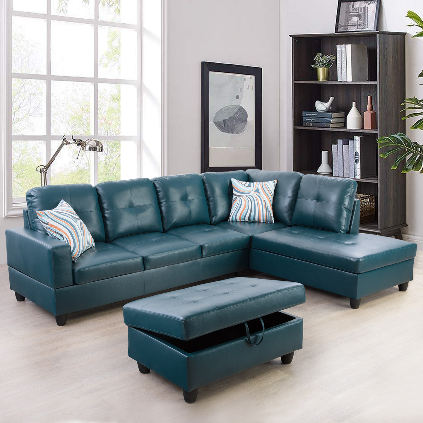 Golden Coast Peacock Blue Synthetic Leather L-Shaped Living Room Sectional Sofa Set