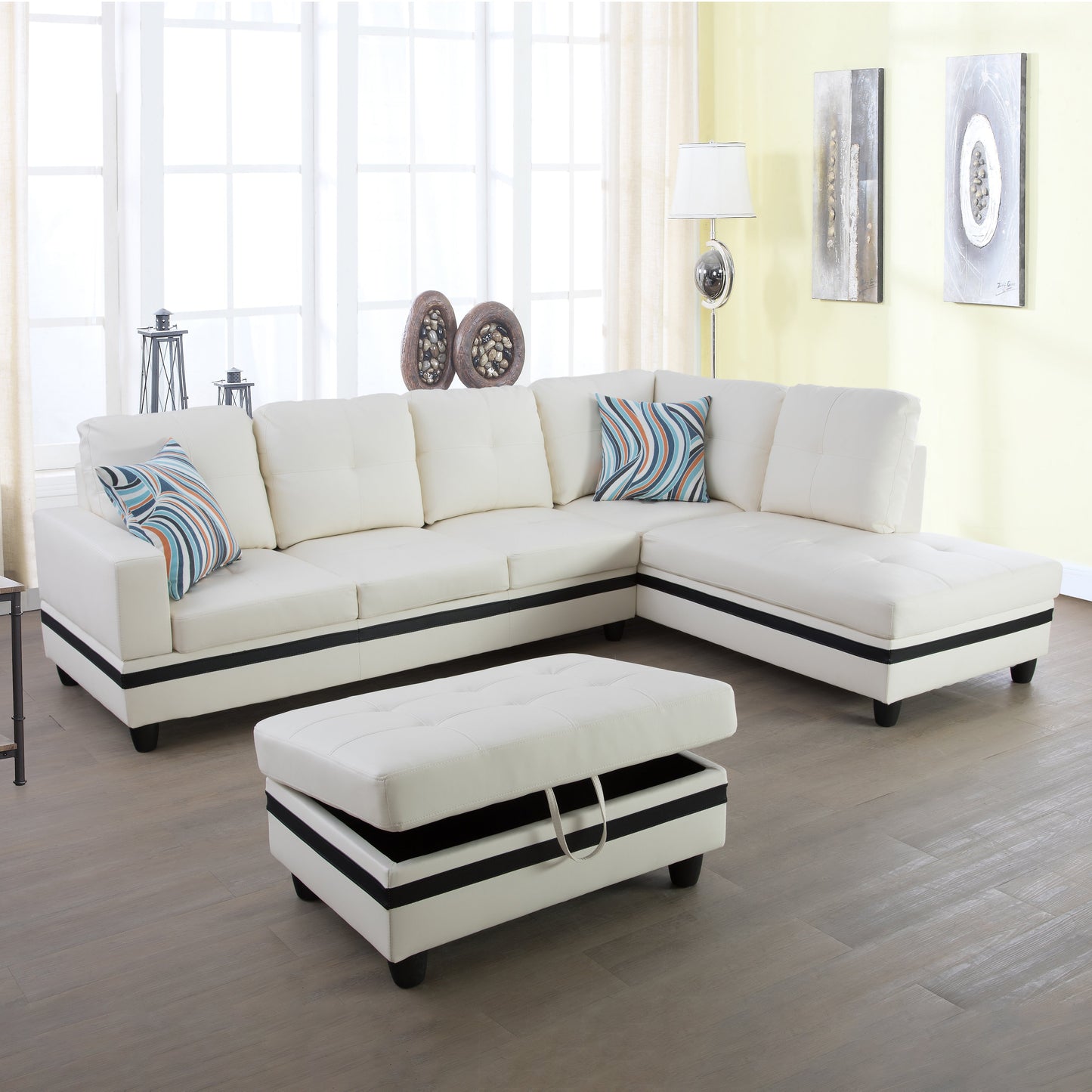 Golden Coast White And Black Synthetic Leather L-Shaped Living Room Sectional Sofa Set