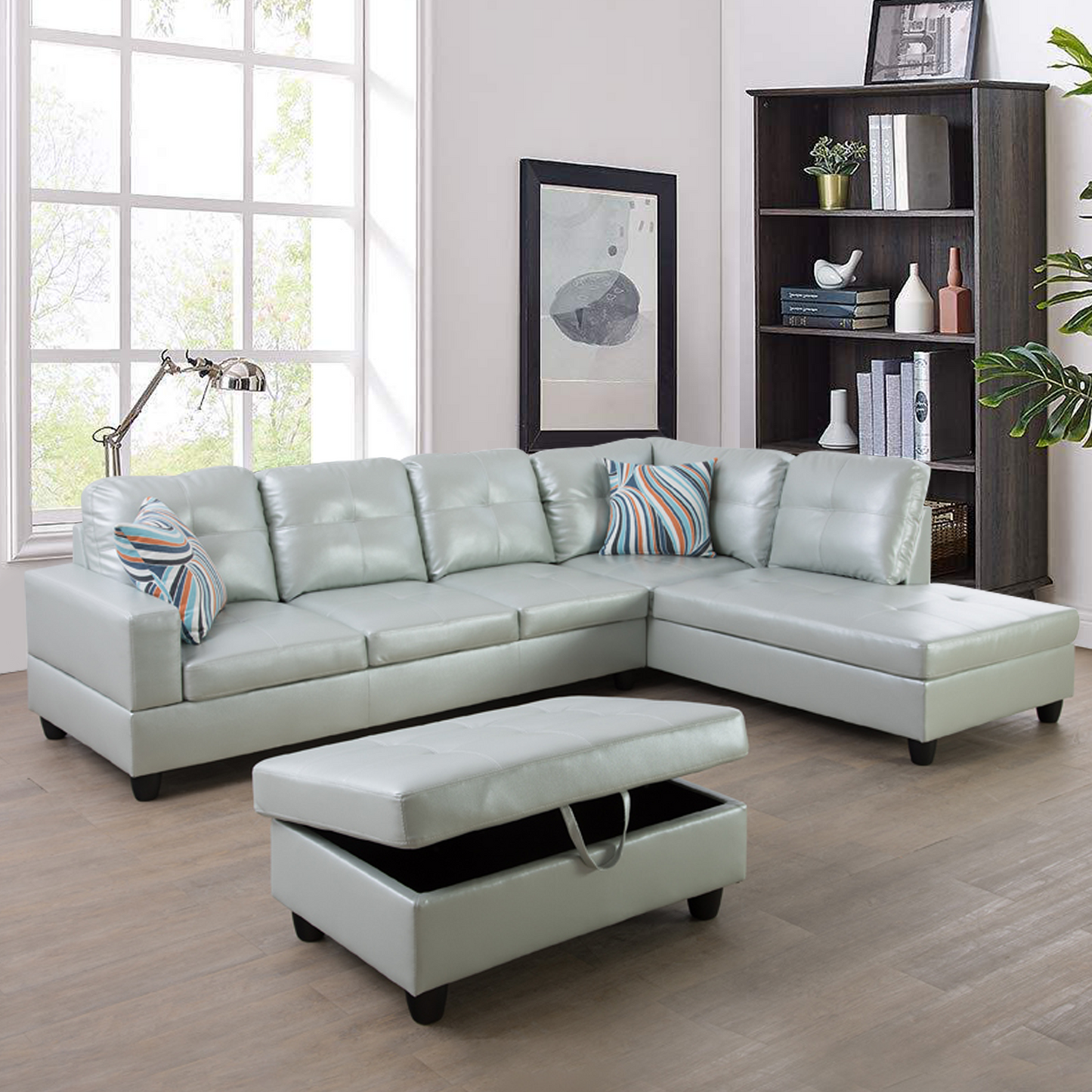 Golden Coast Silver Green Semi PU Synthetic Leather L-Shaped Living Room Sofa Set