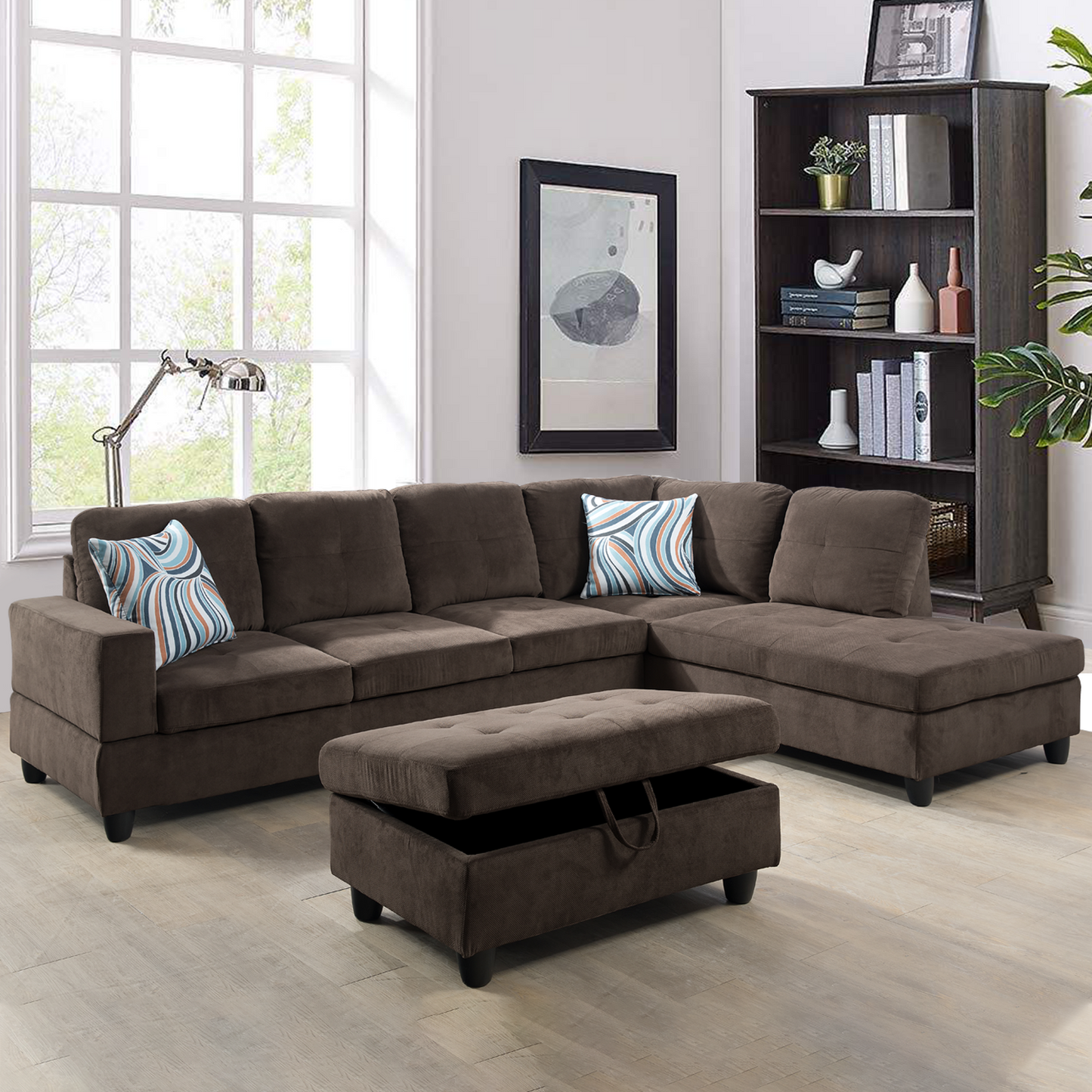 Golden Coast Brown L-Shape Corduroy Fabric Combo Sofa Set