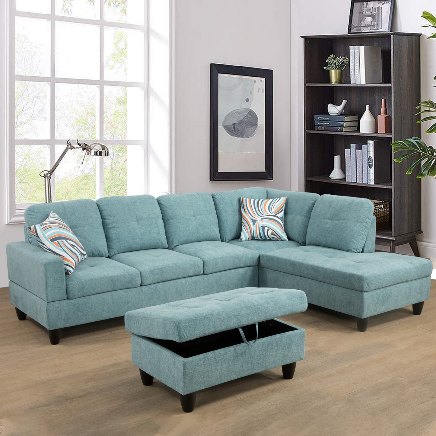 Golden Coast Seafoam Green L-Shape Flannelette Fabric Combination Sofa Set