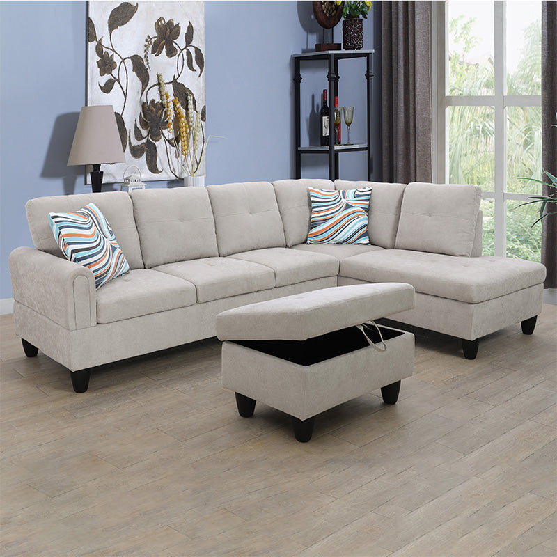 Golden Coast Grey White Flannel L-Shaped Living Room Sectional Sofa Set