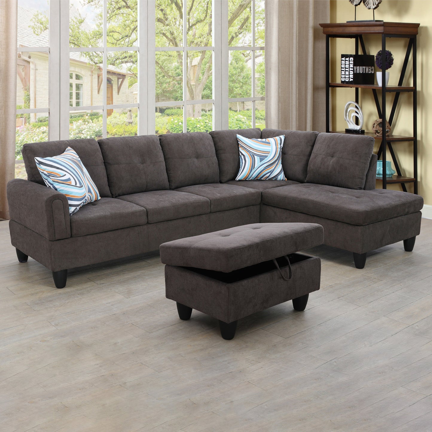 Golden Coast Dark Brown Flannel L-Shaped Living Room Sectional Sofa Set
