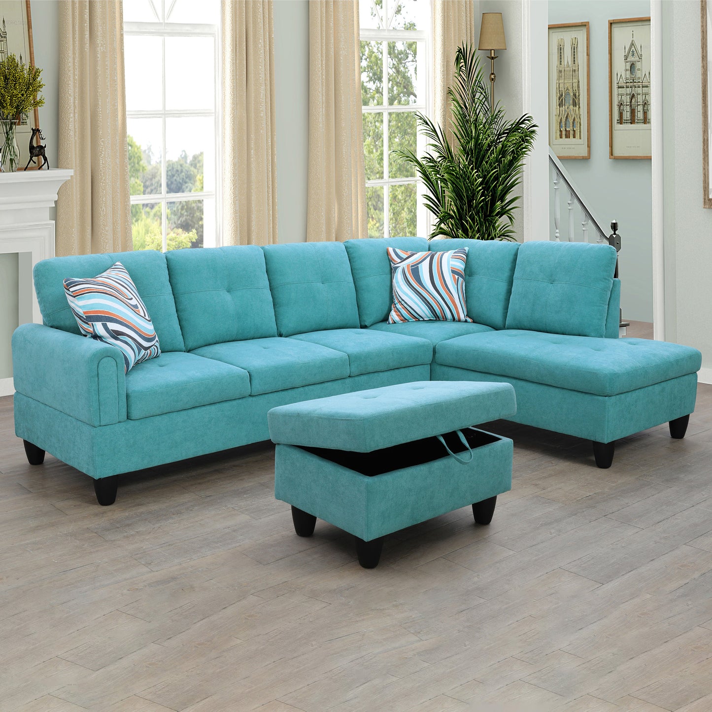 Golden Coast Green Flannel L-Shaped Living Room Sectional Sofa Set