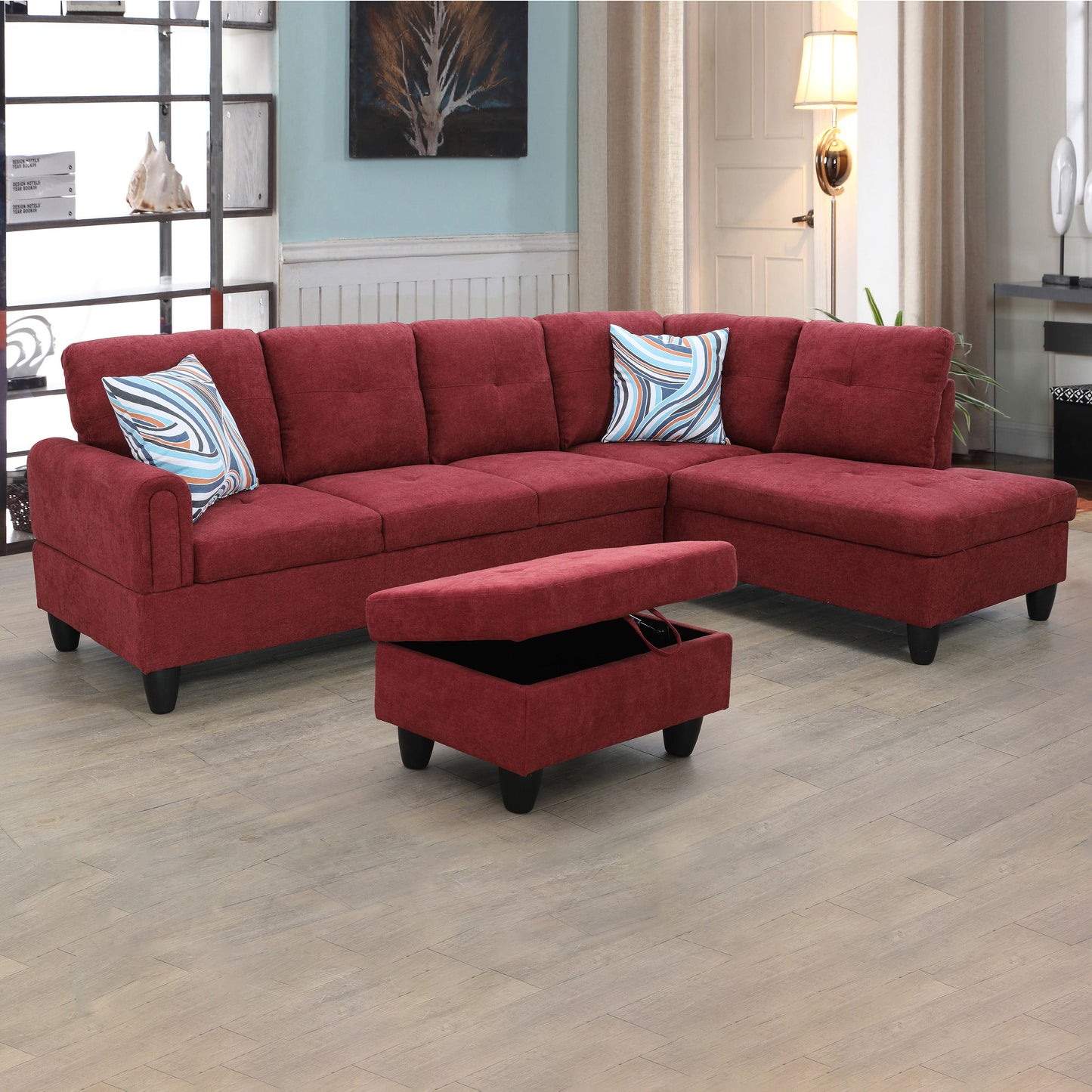 Golden Coast Red Flannel L-Shaped Living Room Sectional Sofa Set