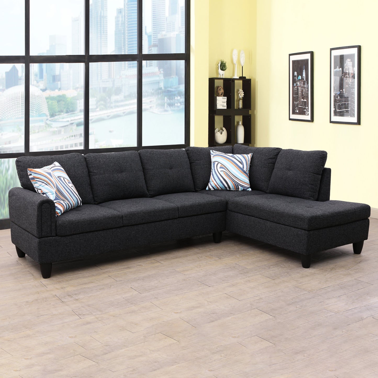 Golden Coast Black Grey Linen L-Shaped Living Room Sectional Sofa Set
