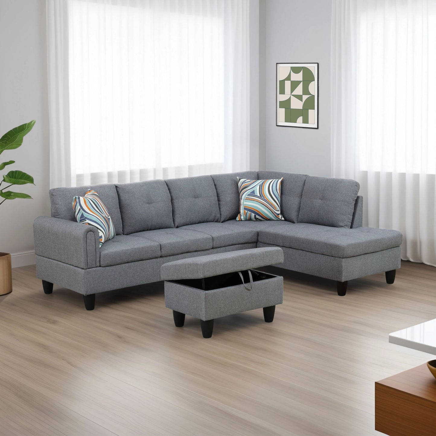 Golden Coast Grey Linen L-Shaped Living Room Sectional Sofa Set