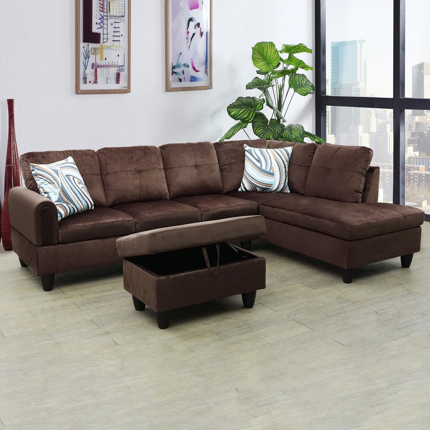 Golden Coast Chocolate Flannel L-Shaped Living Room Sectional Sofa Set