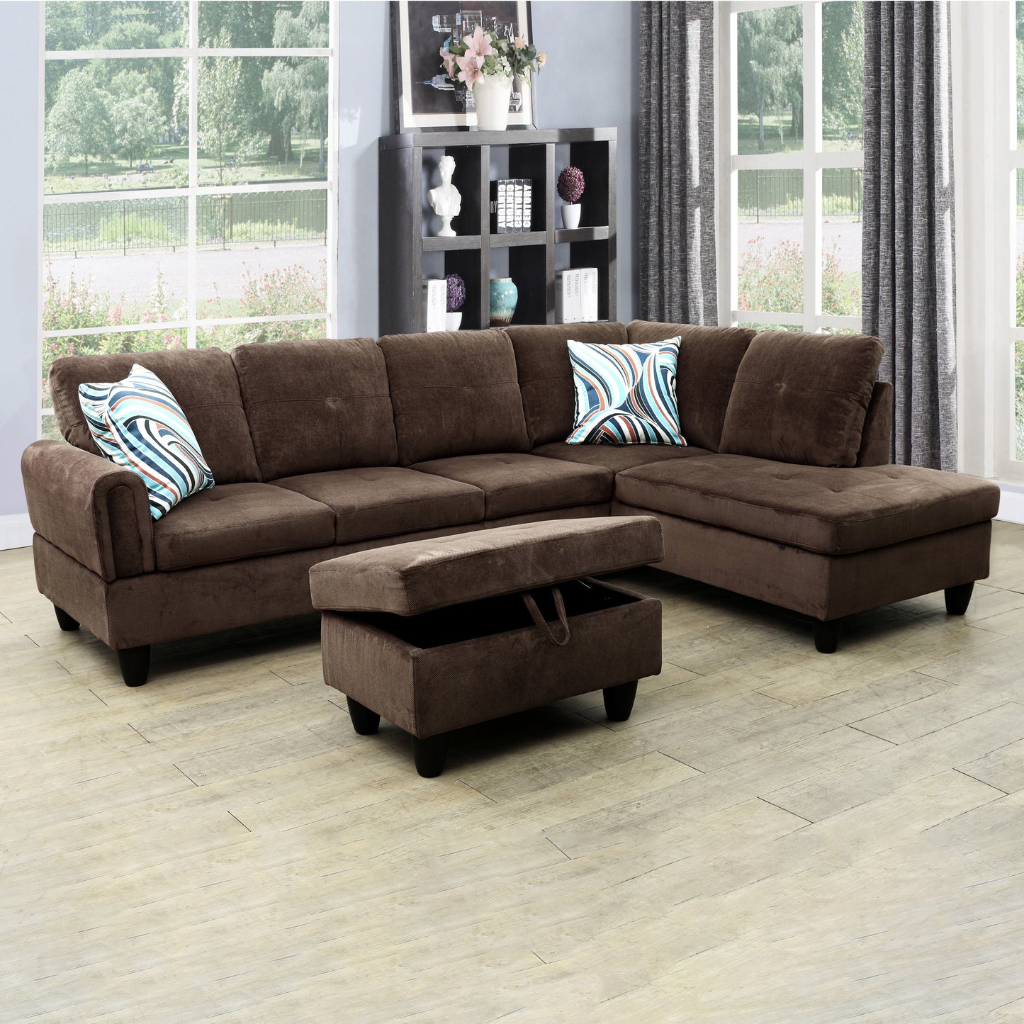 Golden Coast Brown Corduroy L-Shaped Living Room Sectional Sofa Set