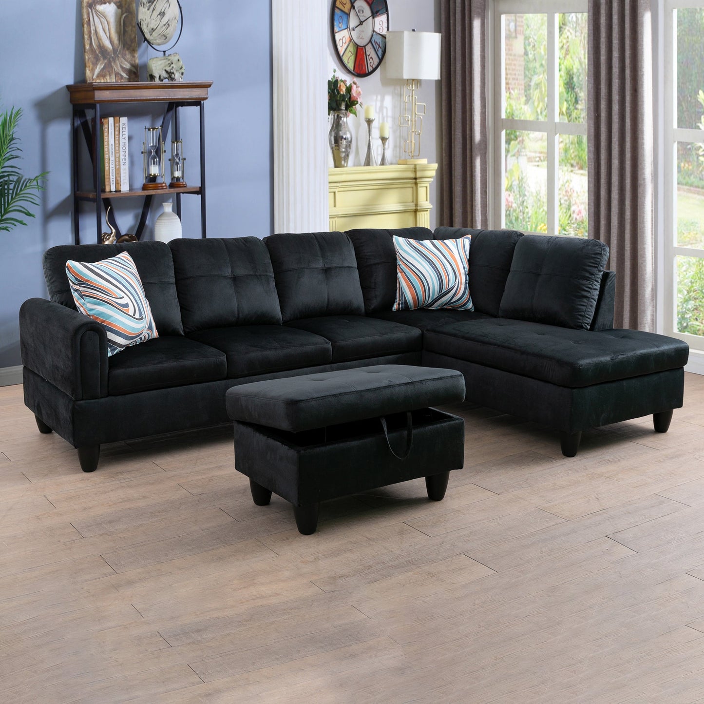 Golden Coast Black Flannel L-Shaped Living Room Sectional Sofa Set