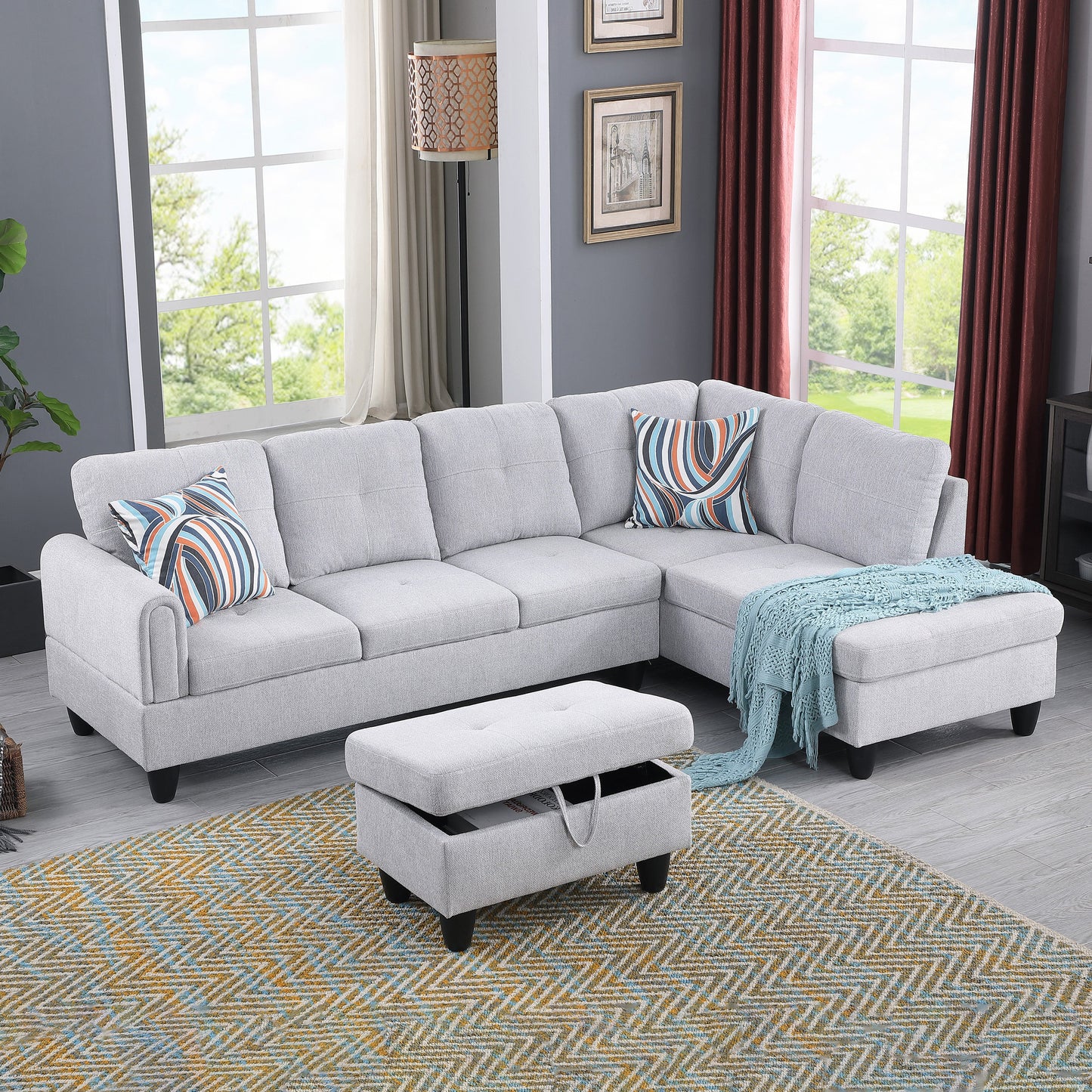 Golden Coast Grey Flannel L-Shaped Living Room Sectional Sofa Set