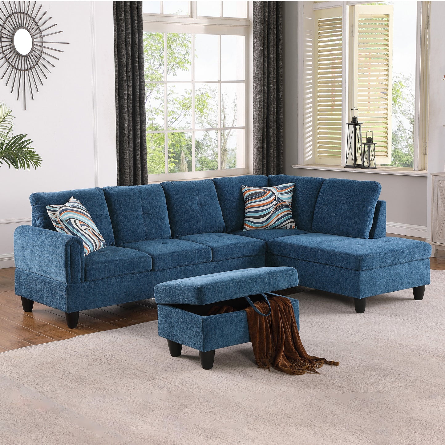 Golden Coast Blue Flannel L-Shaped Living Room Sectional Sofa Set