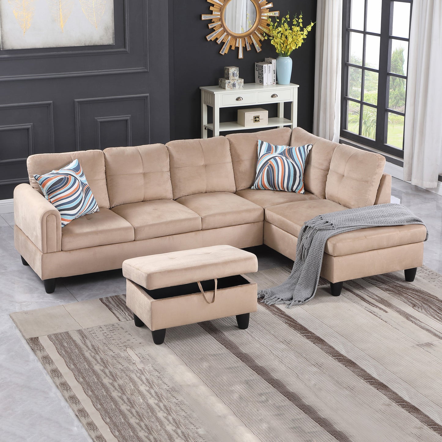 Golden Coast Beige Flannel L-Shaped Living Room Sectional Sofa Set