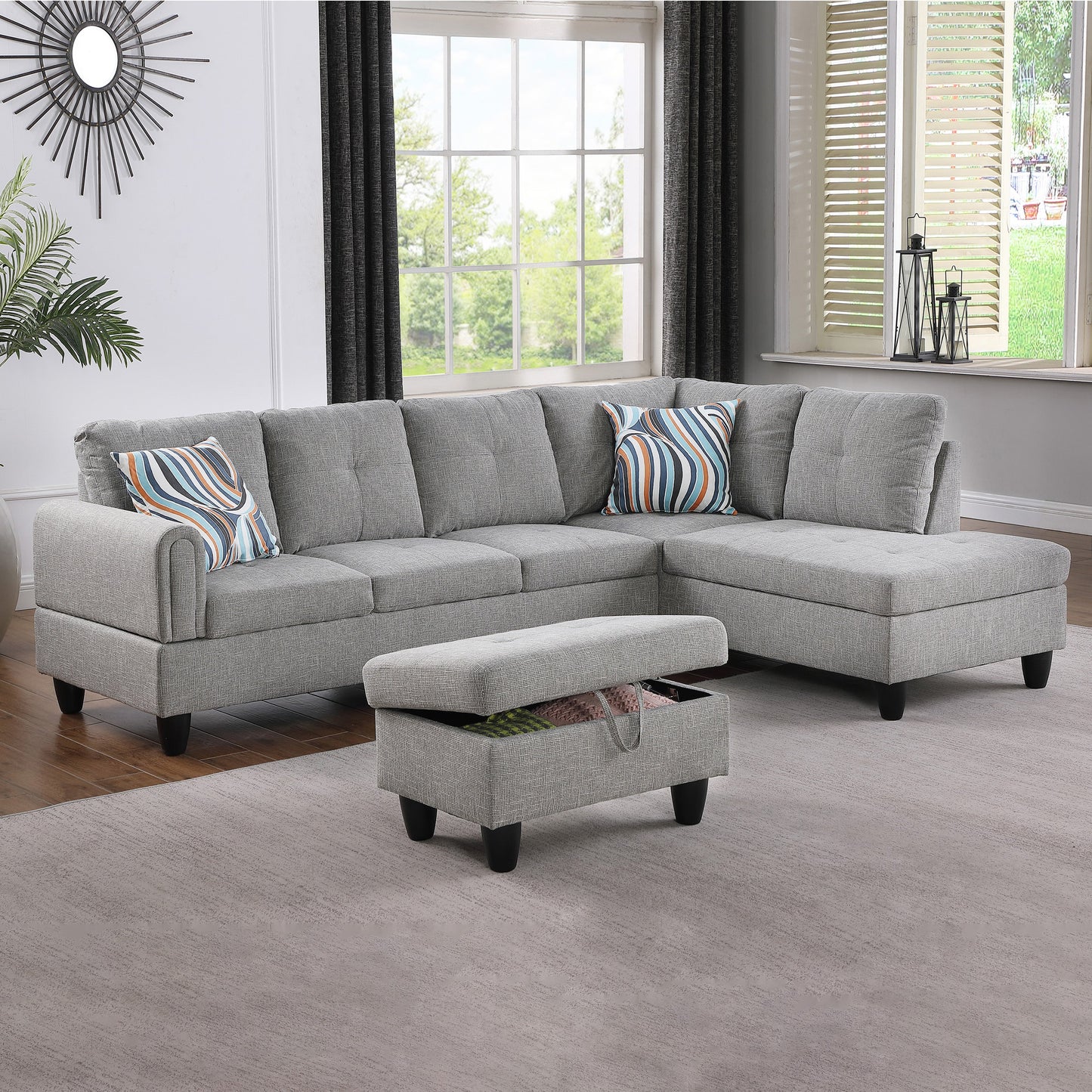 Golden Coast Grey Linen L-Shaped Living Room Sectional Sofa Set