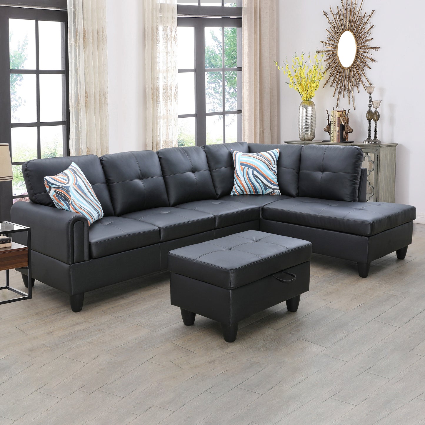Golden Coast Black Faux Leather L-Shaped Living Room Sectional Sofa Set