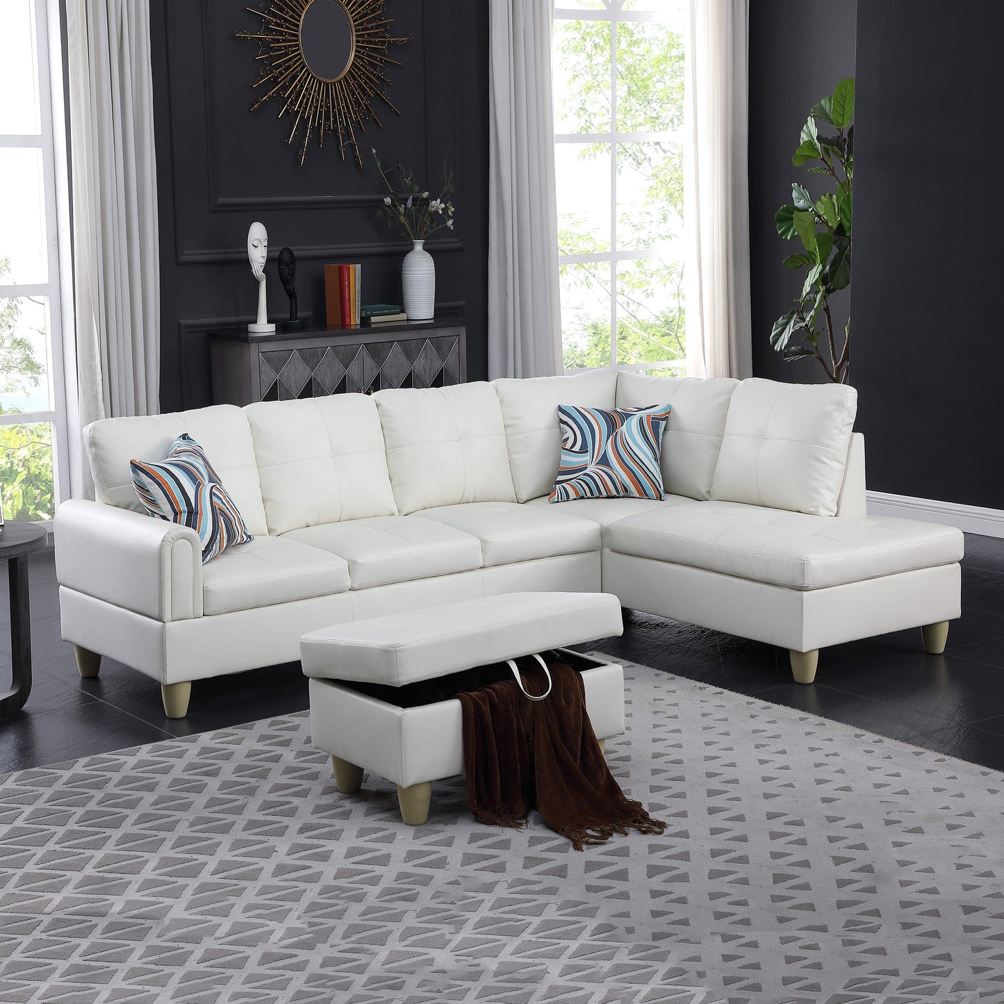 Golden Coast White Faux Leather L-Shaped Living Room Sectional Sofa Set