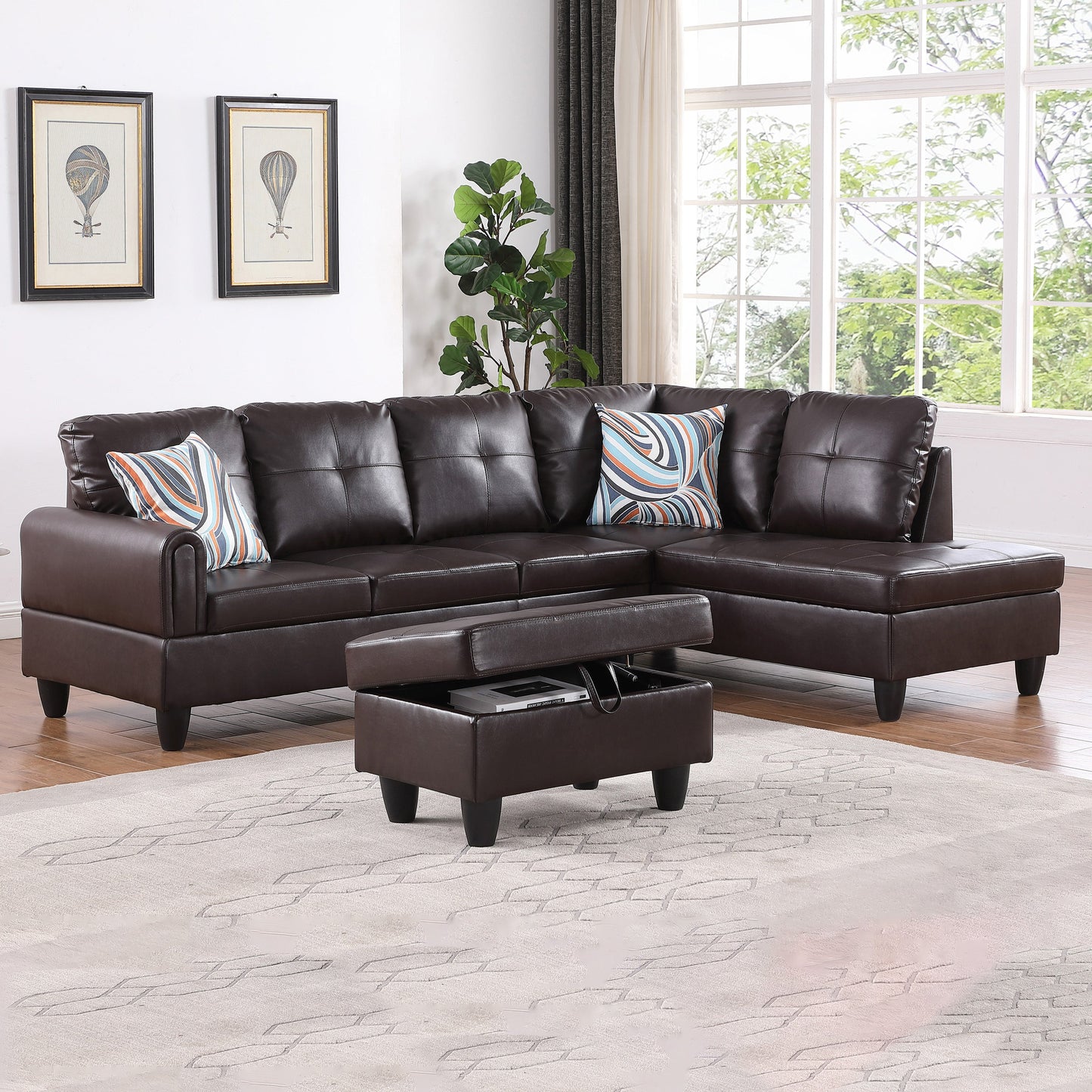 Golden Coast Brown Faux Leather L-Shaped Living Room Sectional Sofa Set