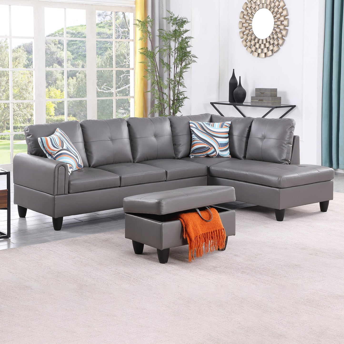 Golden Coast Dark Grey Faux Leather L-Shaped Living Room Sectional Sofa Set