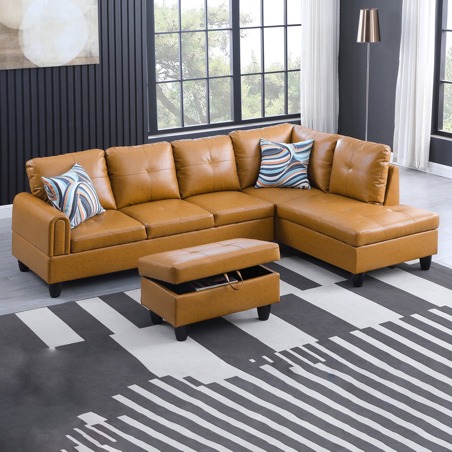 Golden Coast Ginger Faux Leather L-Shaped Living Room Sectional Sofa Set