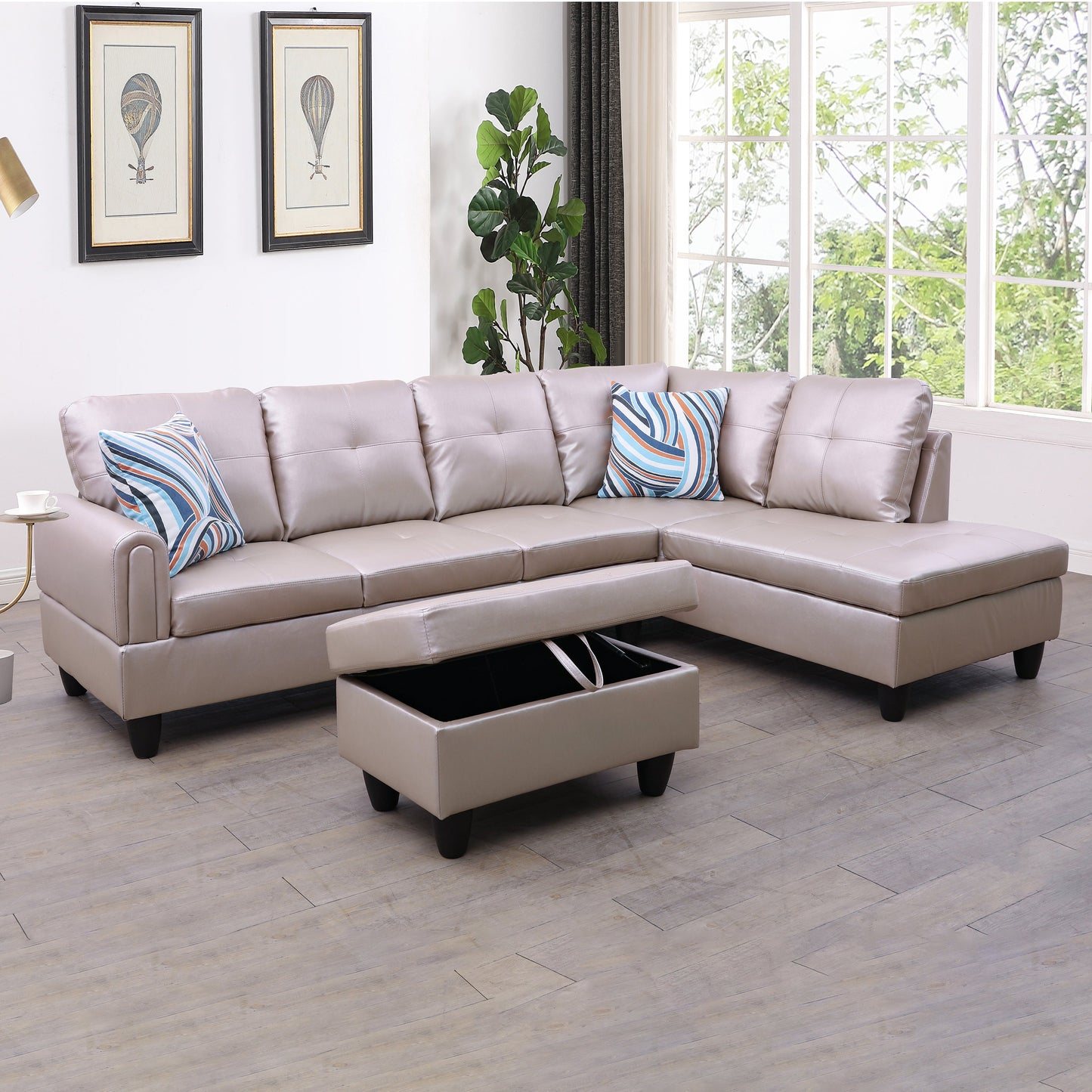 Golden Coast Latte Faux Leather L-Shaped Living Room Sectional Sofa Set
