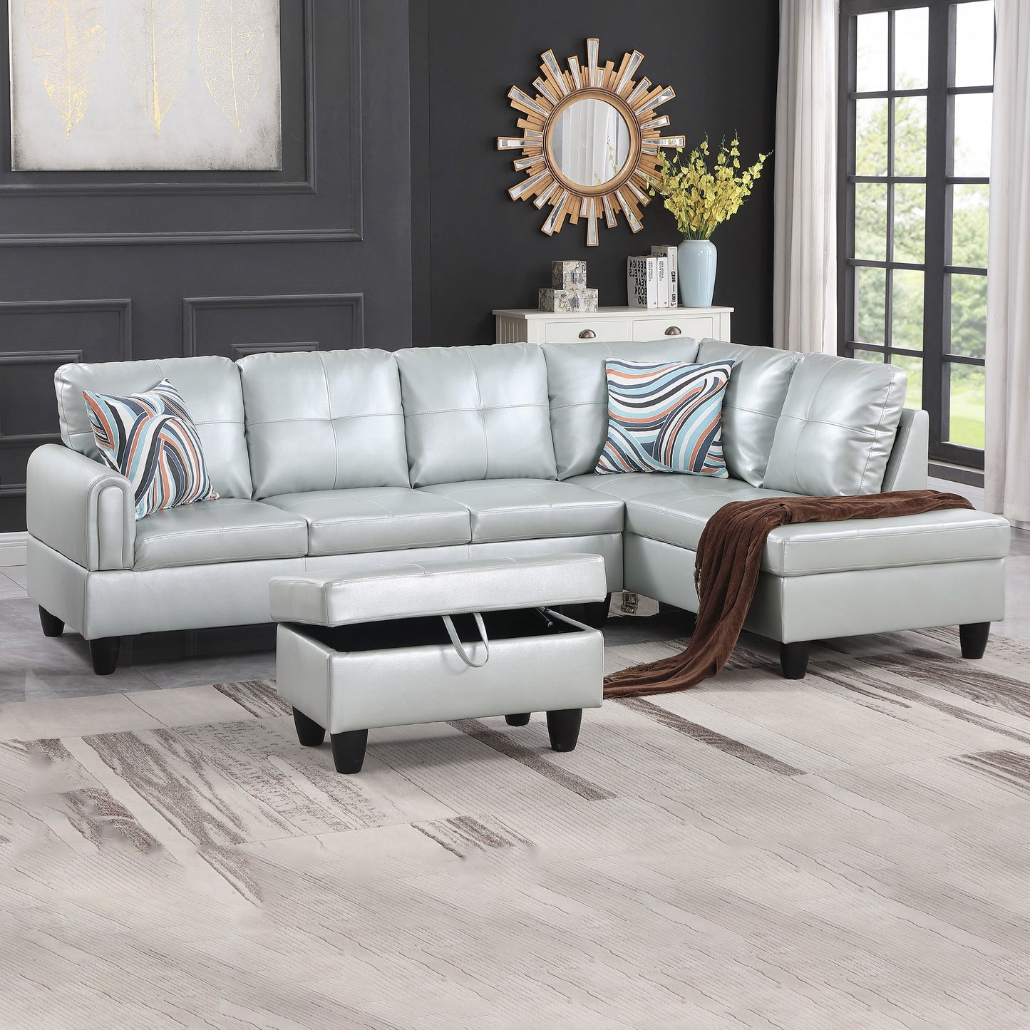 Golden Coast Silver Green Faux Leather L-Shaped Living Room Sectional Sofa Set