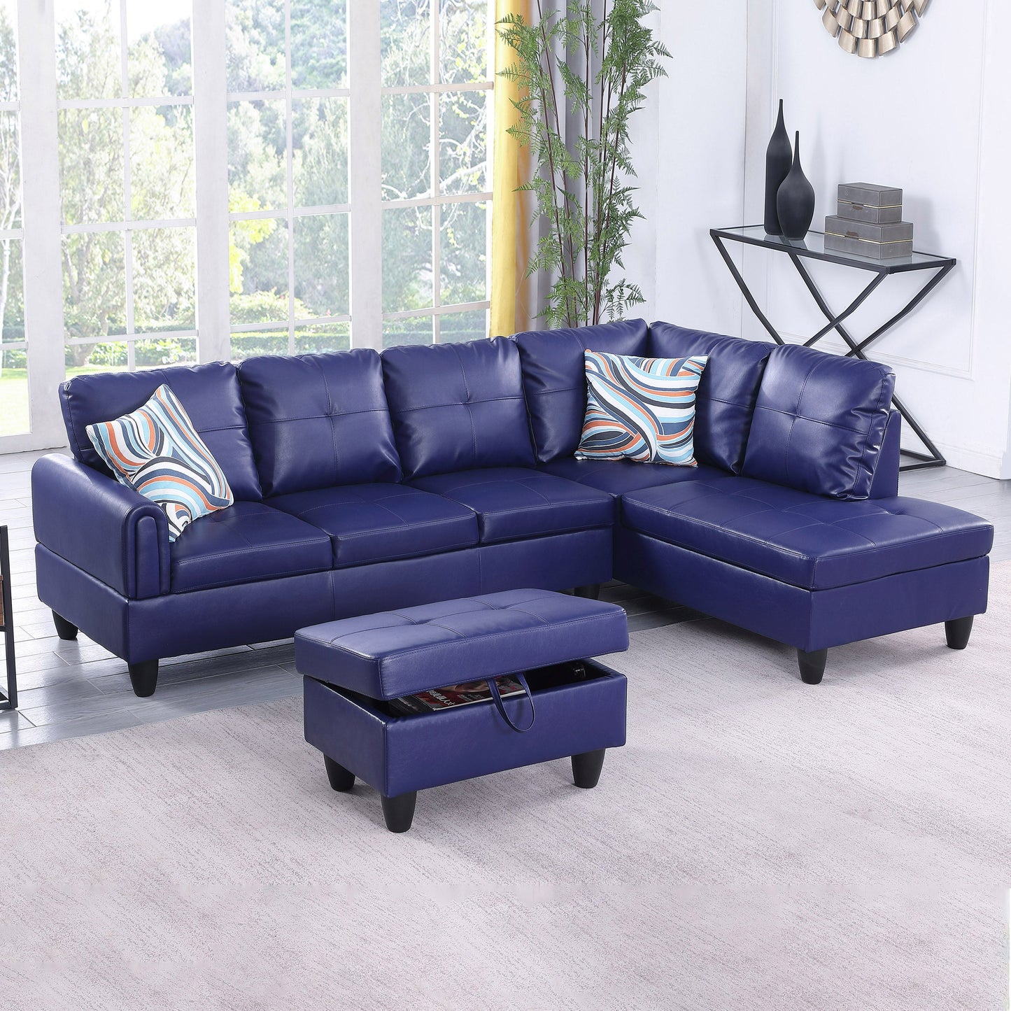 Golden Coast Blue Faux Leather L-Shaped Living Room Sectional Sofa Set