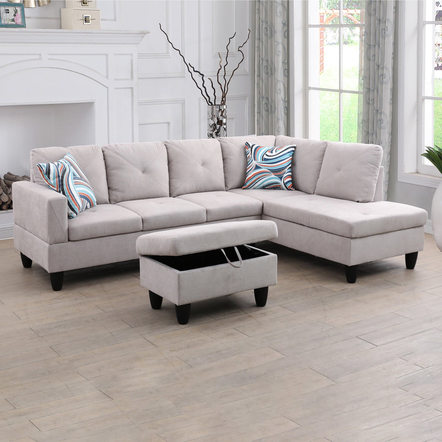 Golden Coast Grey White Flannelette L-Shaped Living Room Sofa Set
