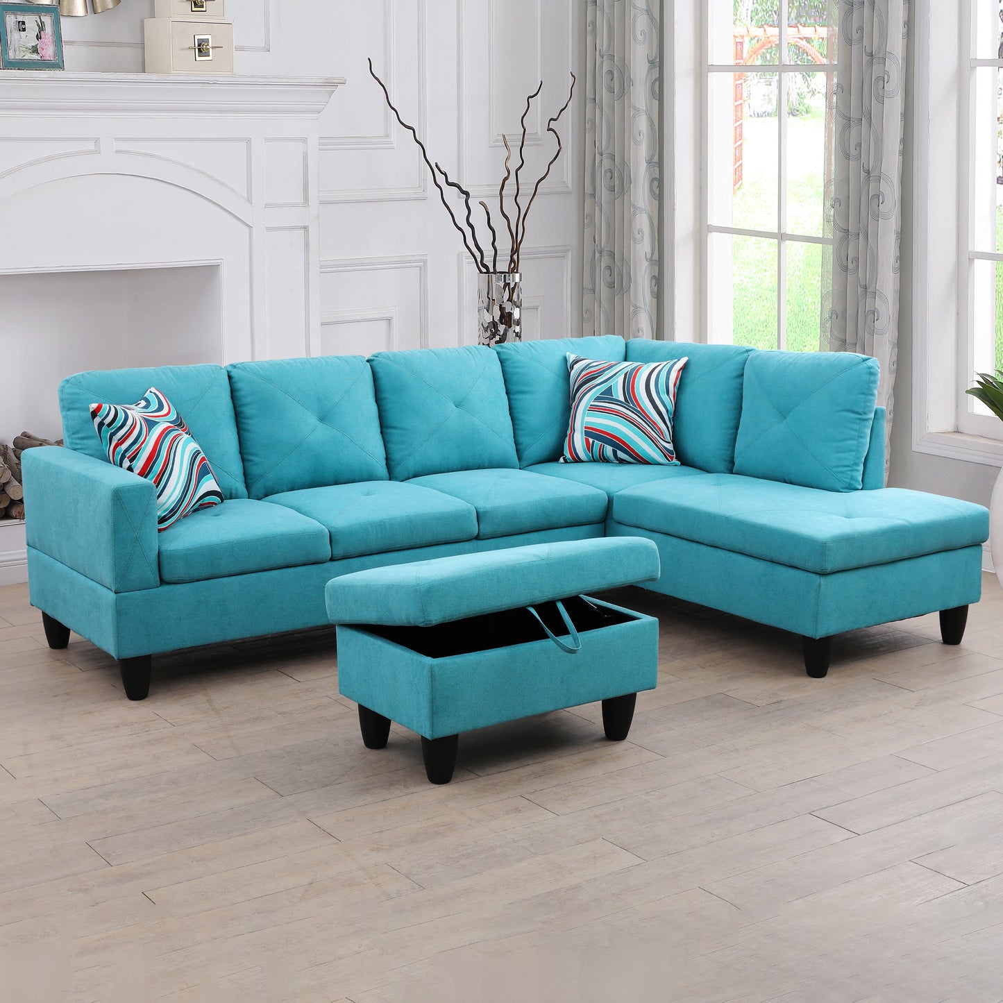 Golden Coast Sky Blue Flannel L-Shaped Living Room Sectional Sofa Set