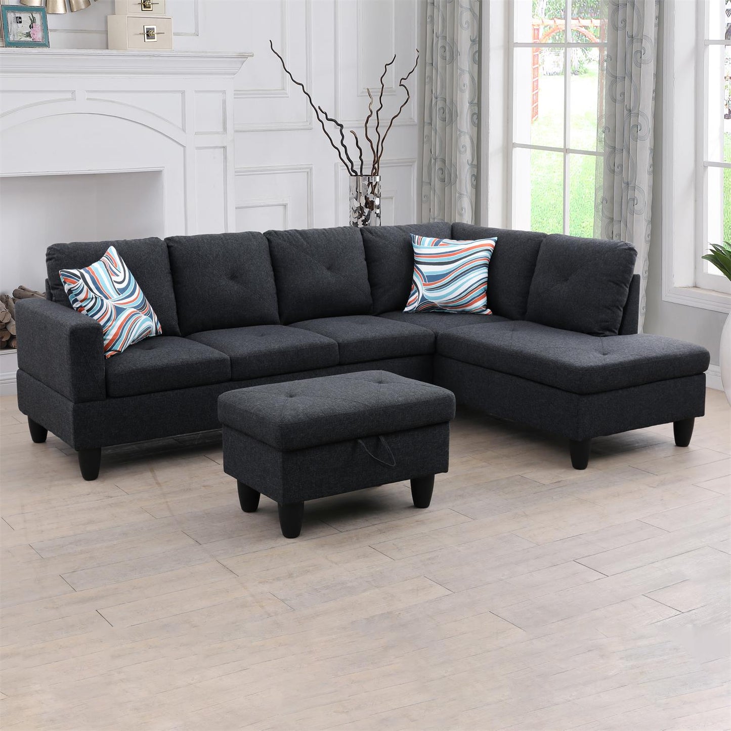 Golden Coast Black Grey Linen L-Shaped Living Room Sectional Sofa Set