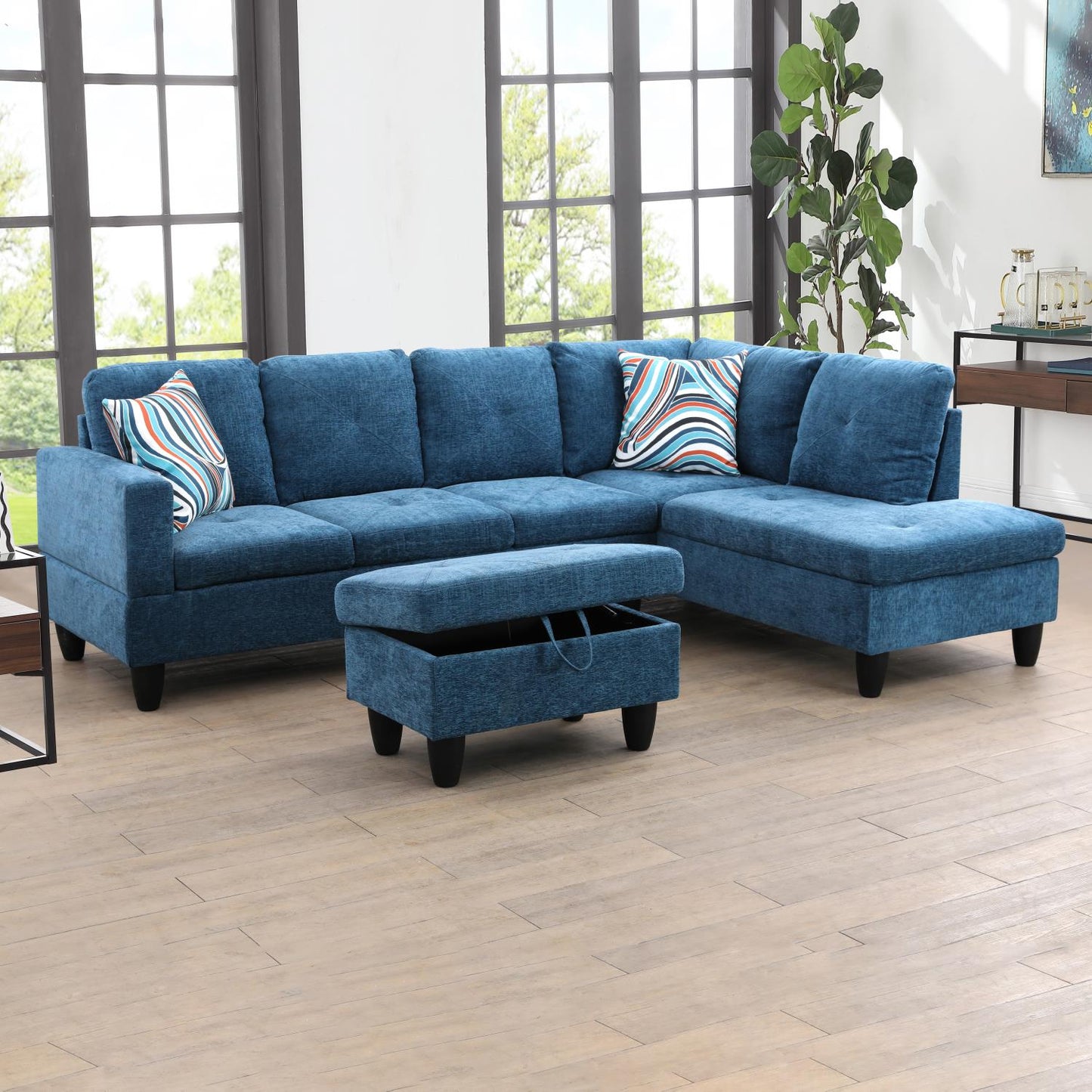Golden Coast Blue Linen L-Shaped Living Room Sectional Sofa Set