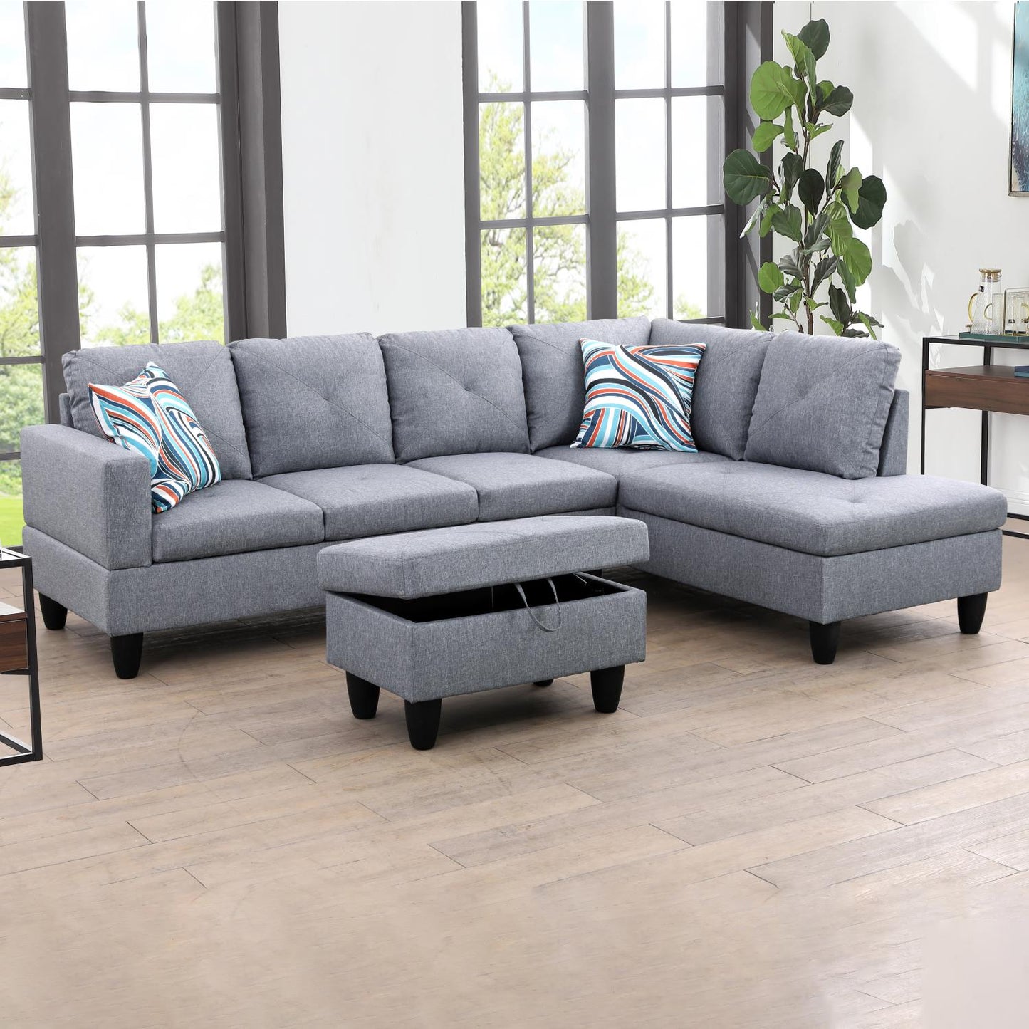 Golden Coast Grey Linen L-Shaped Living Room Sectional Sofa Set