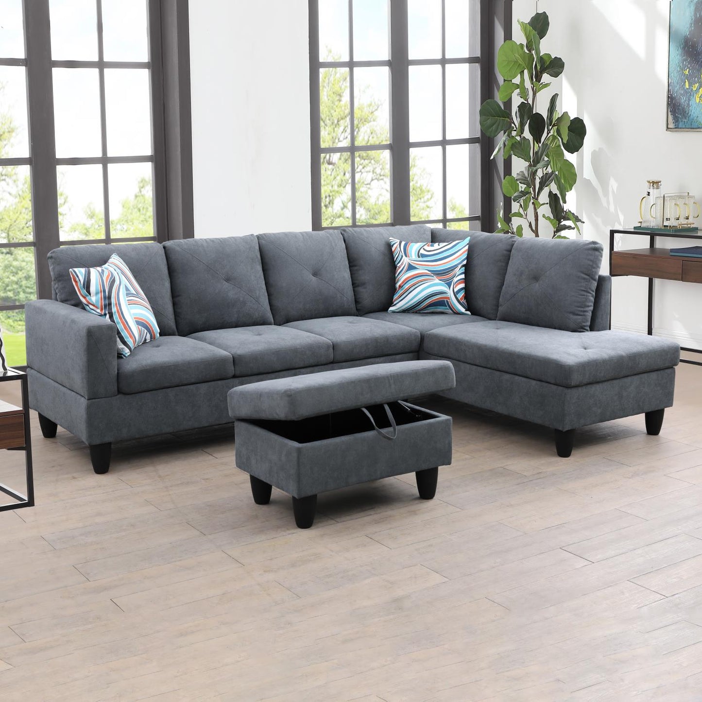 Golden Coast Dark Grey Flannelette L-Shaped Living Room Sectional Sofa Set