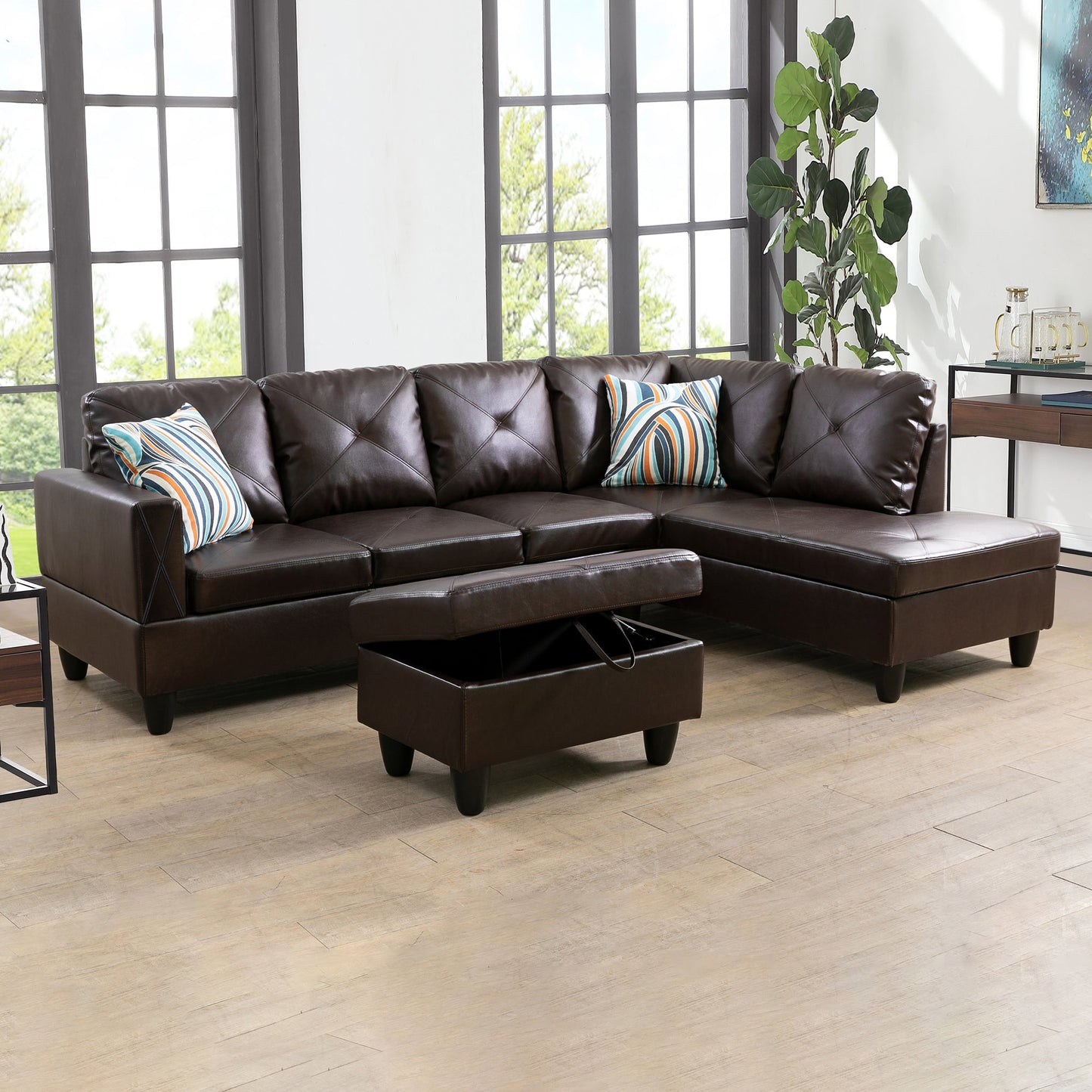 Golden Coast Brown Faux Leather L-Shaped Living Room Sectional Sofa Set