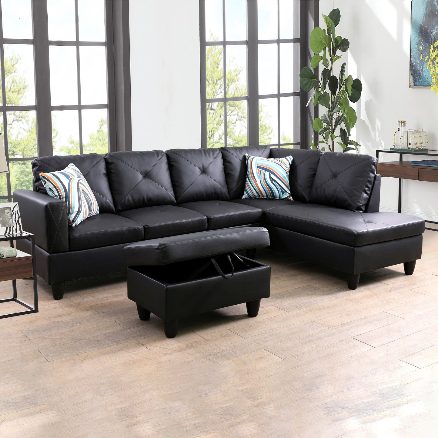Golden Coast Black Faux Leather L-Shaped Living Room Sectional Sofa Set