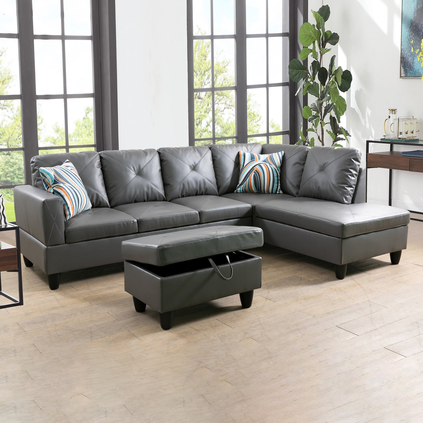Golden Coast Grey Dark Grey Faux Leather L-Shaped Living Room Sectional Sofa Set