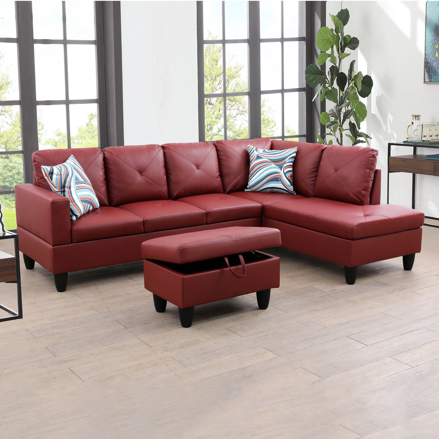 Golden Coast Red Faux Leather L-Shaped Living Room Sectional Sofa Set
