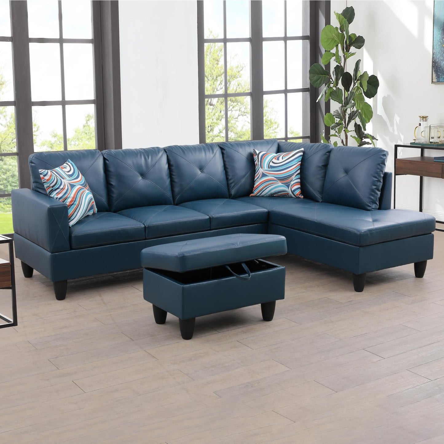 Golden Coast Denim Blue L-Shaped Faux Leather Sofa Set