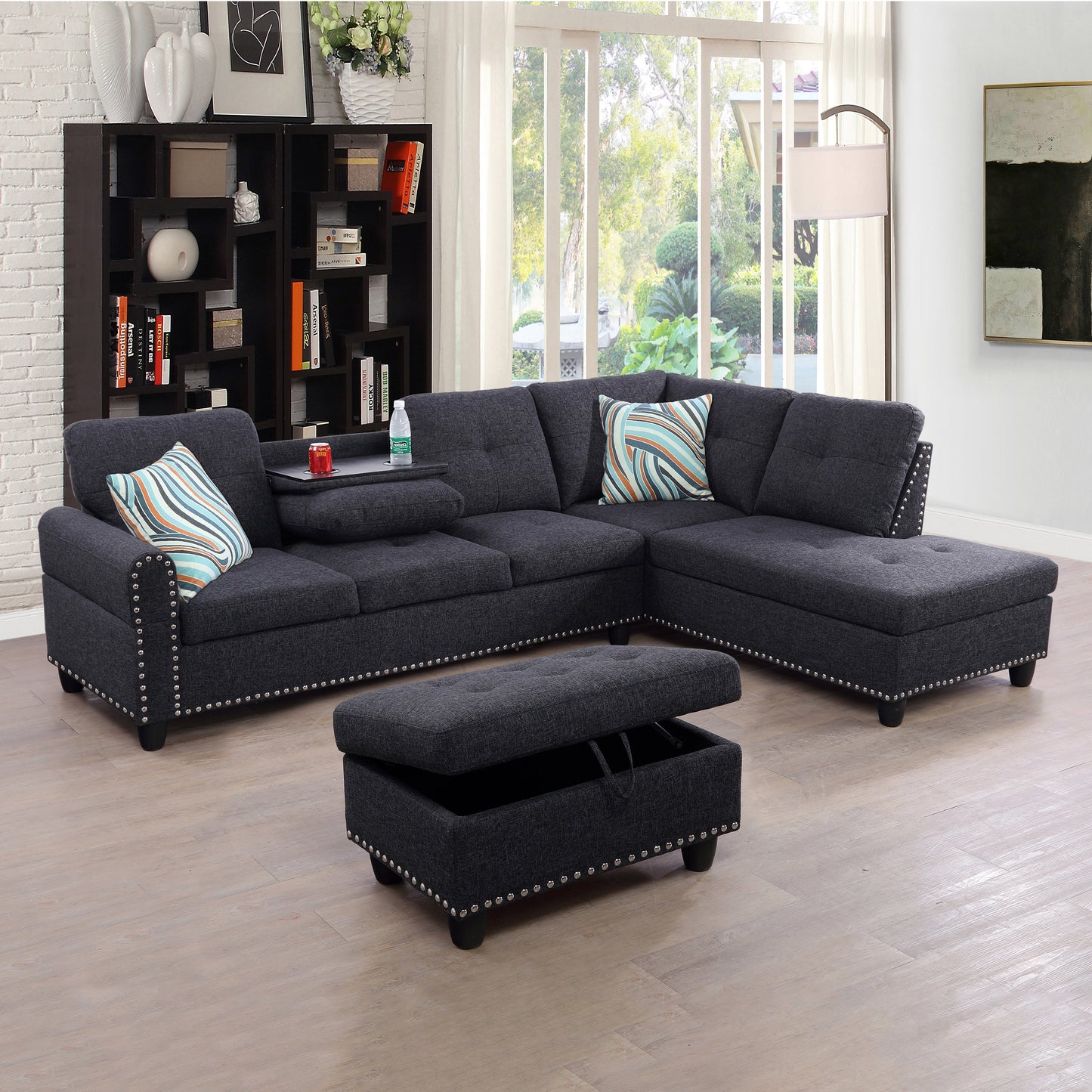 Golden Coast Black Grey Linen L-Shaped Living Room Sectional Sofa Set
