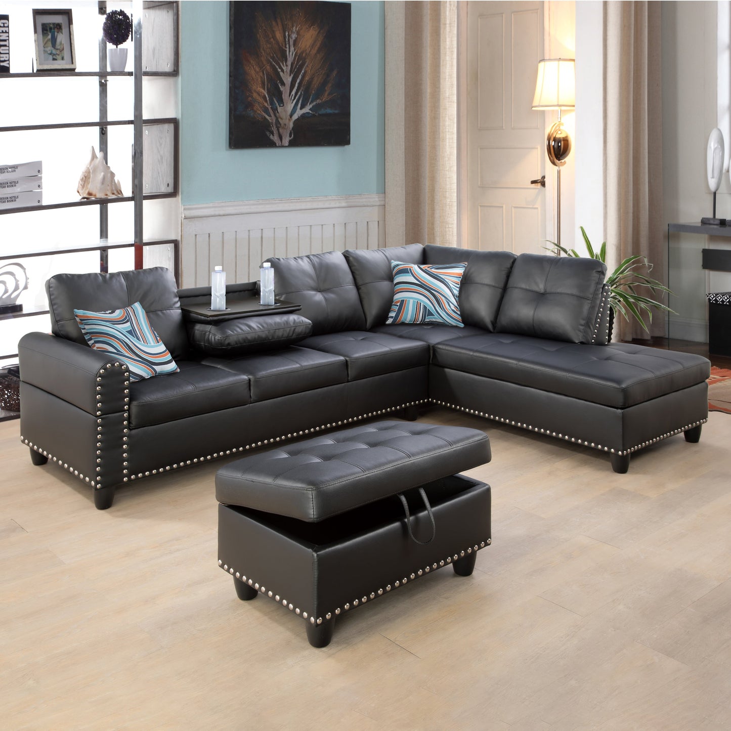 Golden Coast Black Synthetic Leather L-Shaped Living Room Sectional Sofa Set